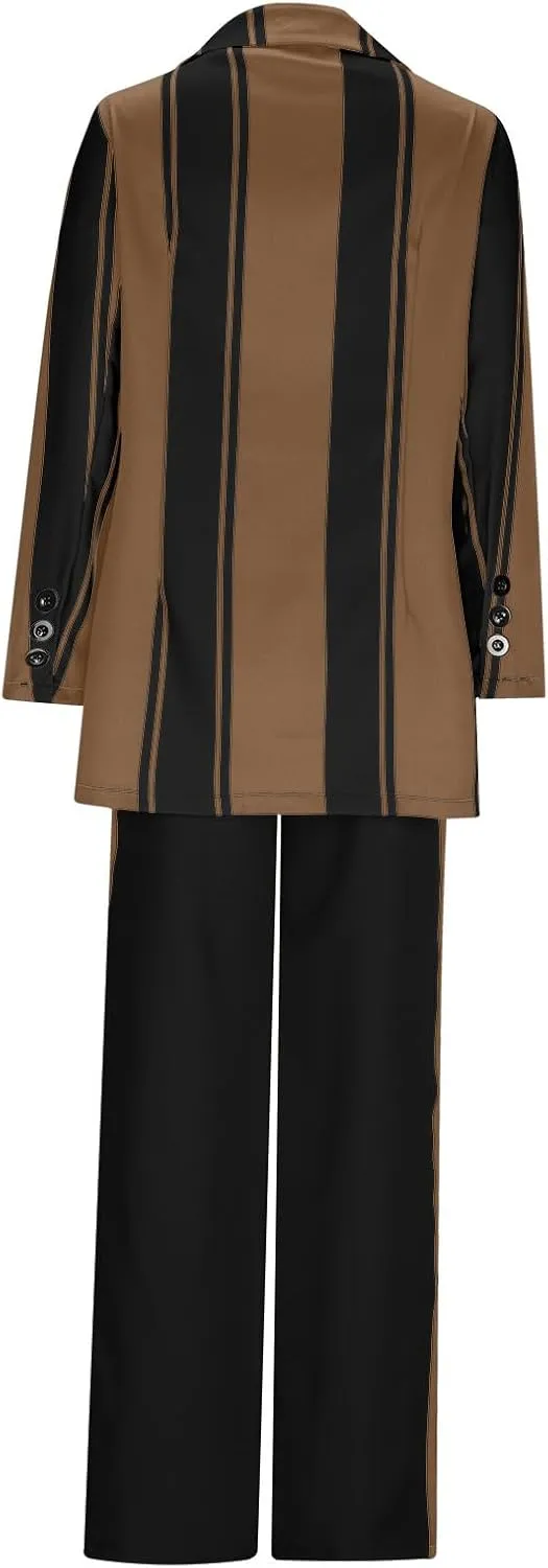 2 Piece Blazer Outfits for Women Oversized Striped Color Block Jacket Wide Leg Pants Suits Lapel Business Dressy Sets