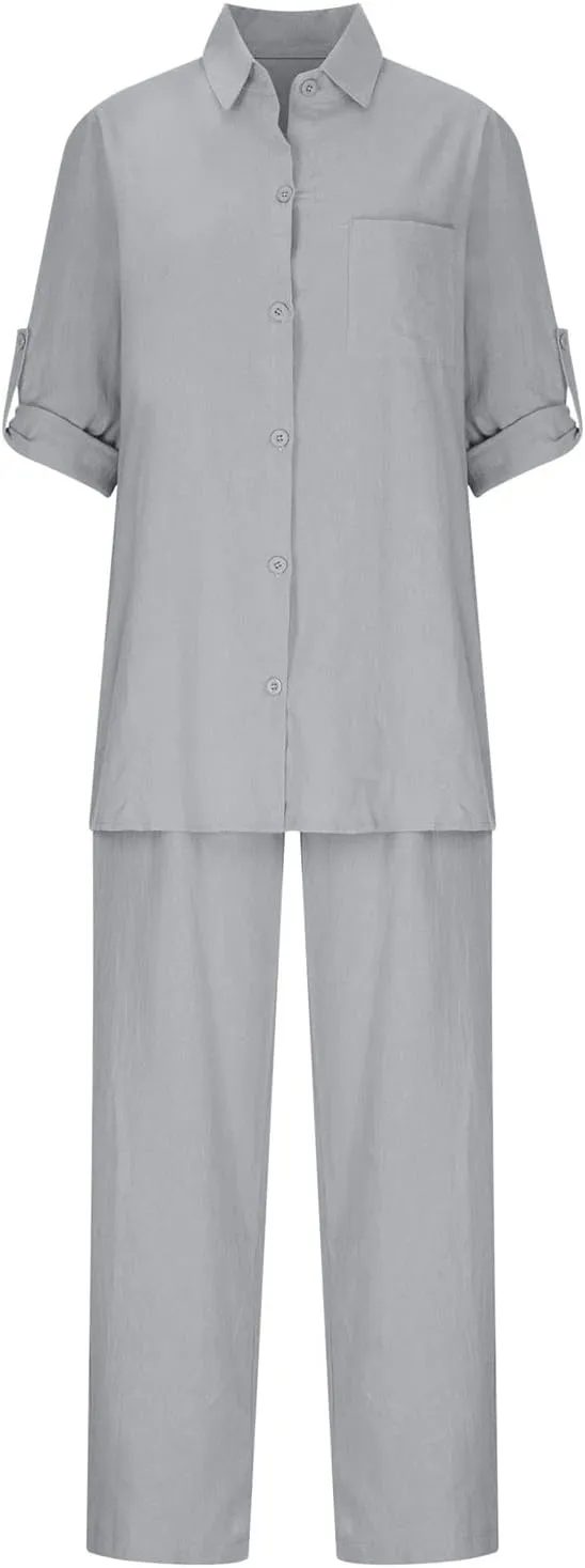 2 Piece Cotton Linen Outfits for Women Summer Dressy Business Work Suits Streetwear Button Down Tops and Pants Suit