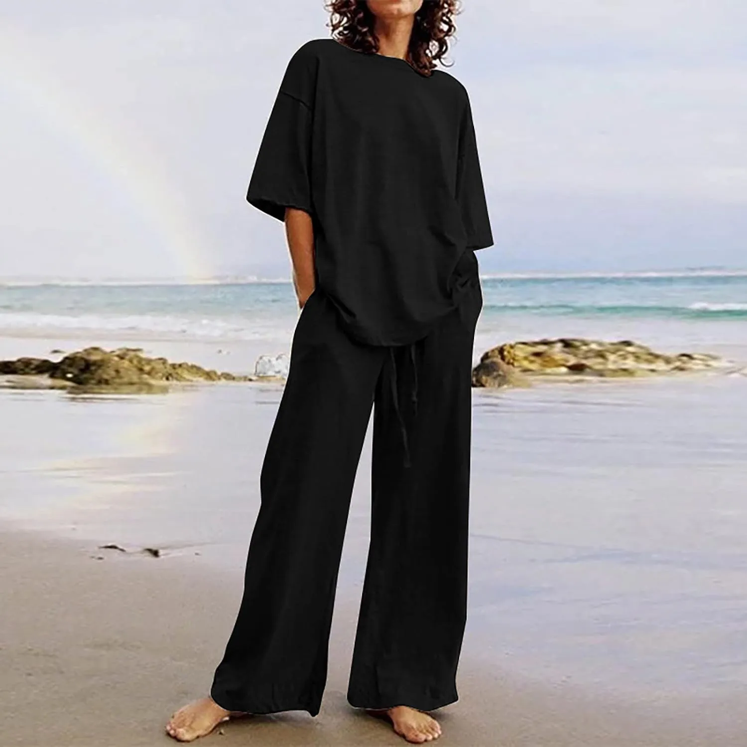 2 Piece Cotton Linen Outfits for Women Summer Dressy Business Work Suits Streetwear Button Down Tops and Pants Suit