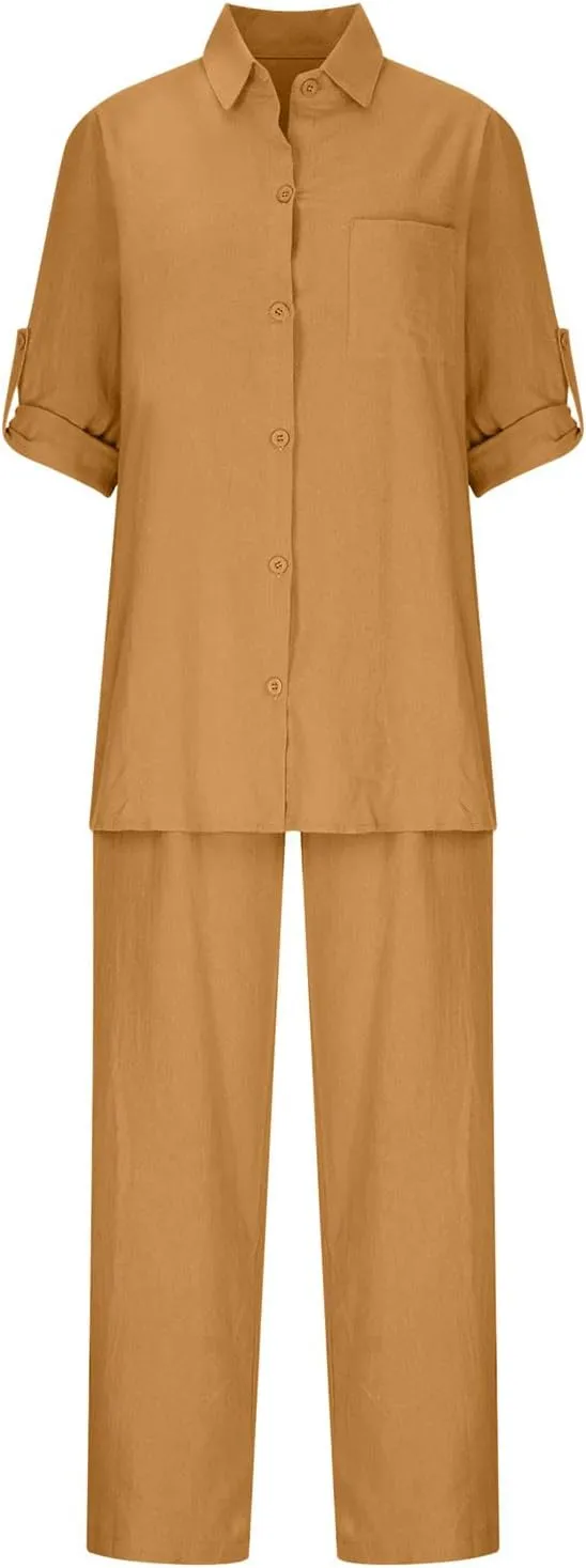 2 Piece Cotton Linen Outfits for Women Summer Dressy Business Work Suits Streetwear Button Down Tops and Pants Suit