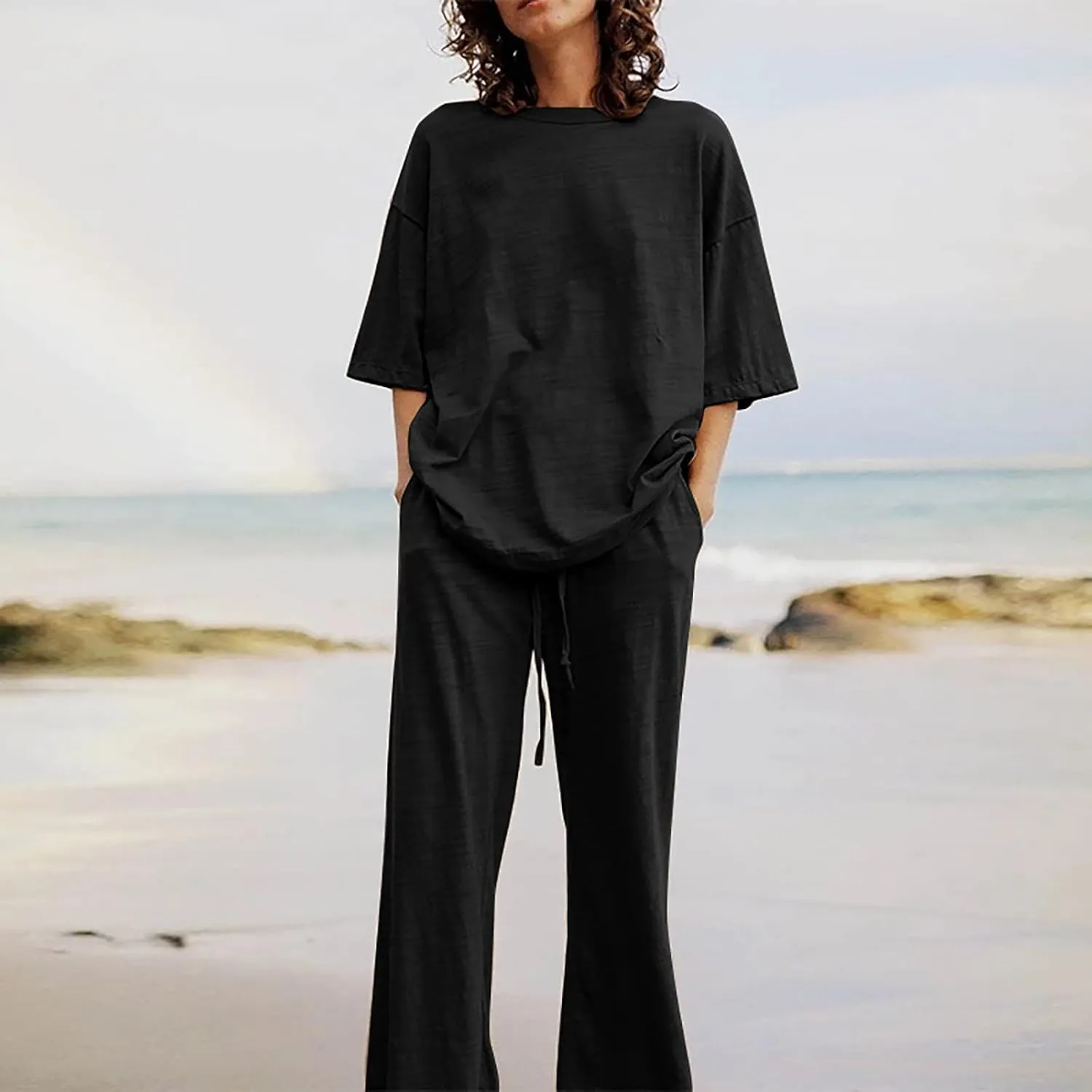 2 Piece Cotton Linen Outfits for Women Summer Dressy Business Work Suits Streetwear Button Down Tops and Pants Suit
