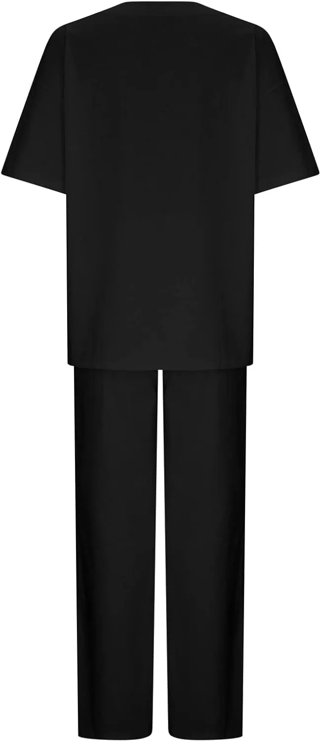 2 Piece Cotton Linen Outfits for Women Summer Dressy Business Work Suits Streetwear Button Down Tops and Pants Suit