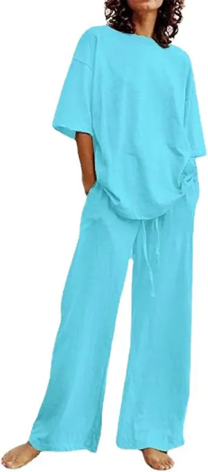 2 Piece Cotton Linen Outfits for Women Summer Dressy Business Work Suits Streetwear Button Down Tops and Pants Suit
