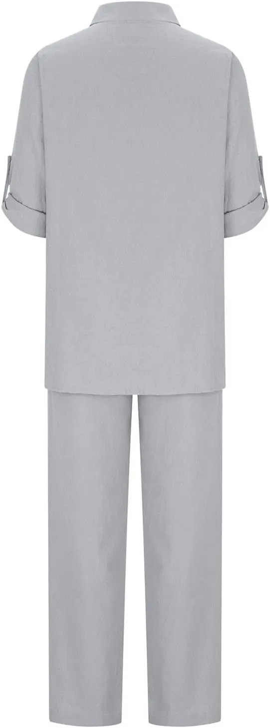 2 Piece Cotton Linen Outfits for Women Summer Dressy Business Work Suits Streetwear Button Down Tops and Pants Suit