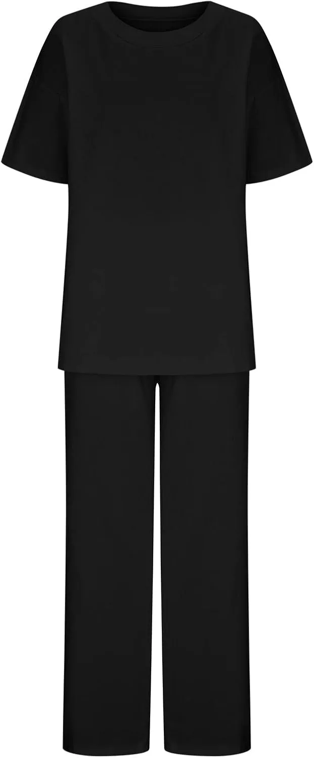 2 Piece Cotton Linen Outfits for Women Summer Dressy Business Work Suits Streetwear Button Down Tops and Pants Suit
