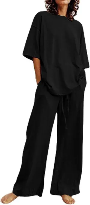 2 Piece Cotton Linen Outfits for Women Summer Dressy Business Work Suits Streetwear Button Down Tops and Pants Suit