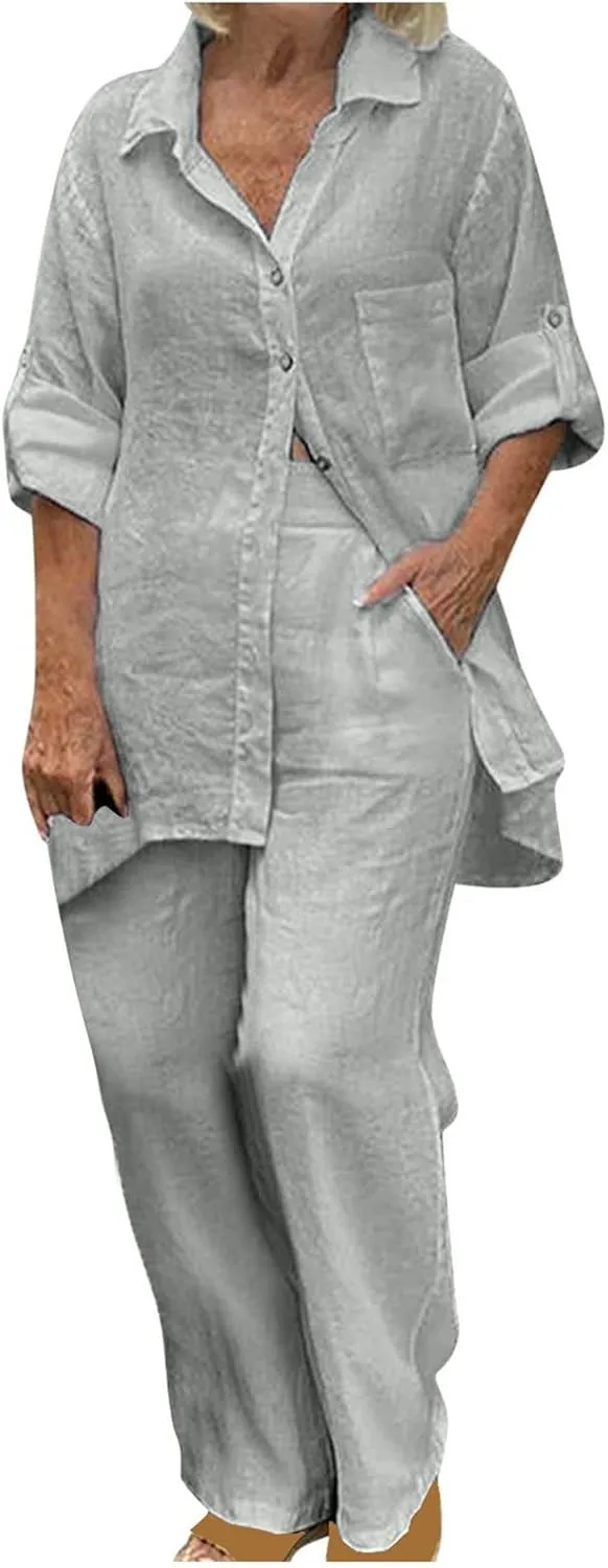 2 Piece Cotton Linen Outfits for Women Summer Dressy Business Work Suits Streetwear Button Down Tops and Pants Suit