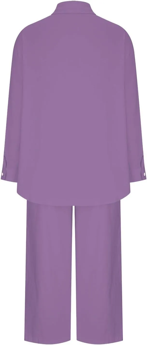 2 Piece Cotton Linen Outfits for Women Summer Dressy Business Work Suits Streetwear Button Down Tops and Pants Suit