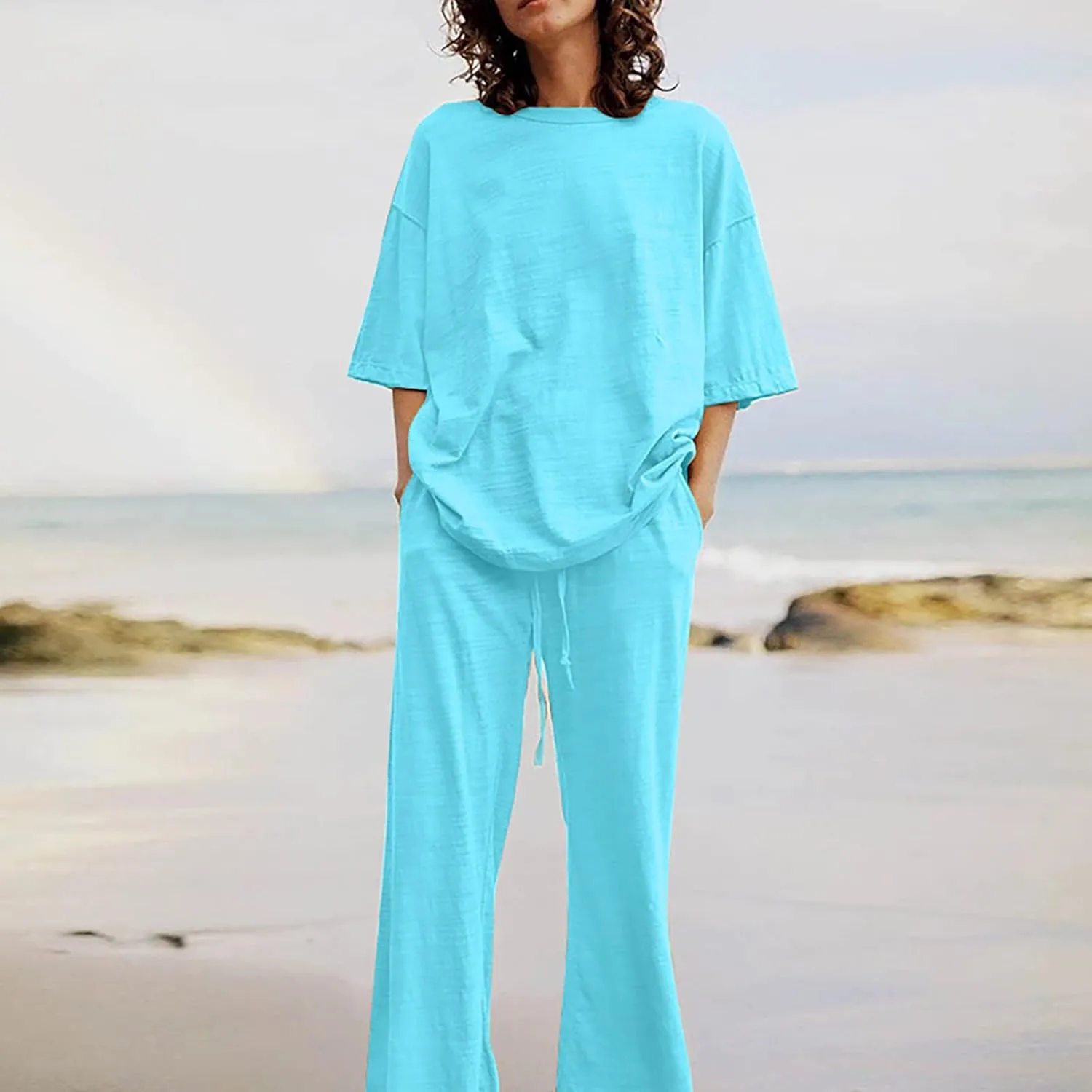 2 Piece Cotton Linen Outfits for Women Summer Dressy Business Work Suits Streetwear Button Down Tops and Pants Suit
