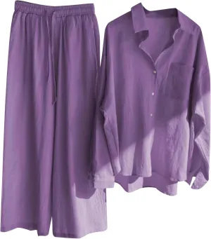 2 Piece Cotton Linen Outfits for Women Summer Dressy Business Work Suits Streetwear Button Down Tops and Pants Suit