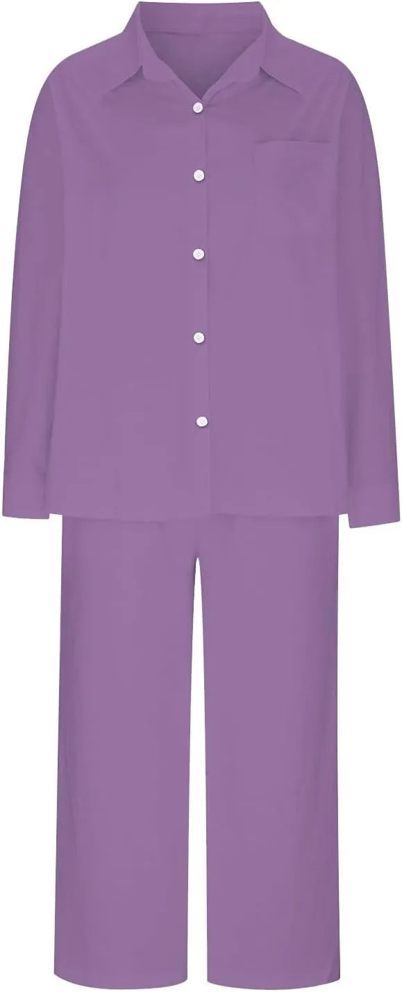 2 Piece Cotton Linen Outfits for Women Summer Dressy Business Work Suits Streetwear Button Down Tops and Pants Suit