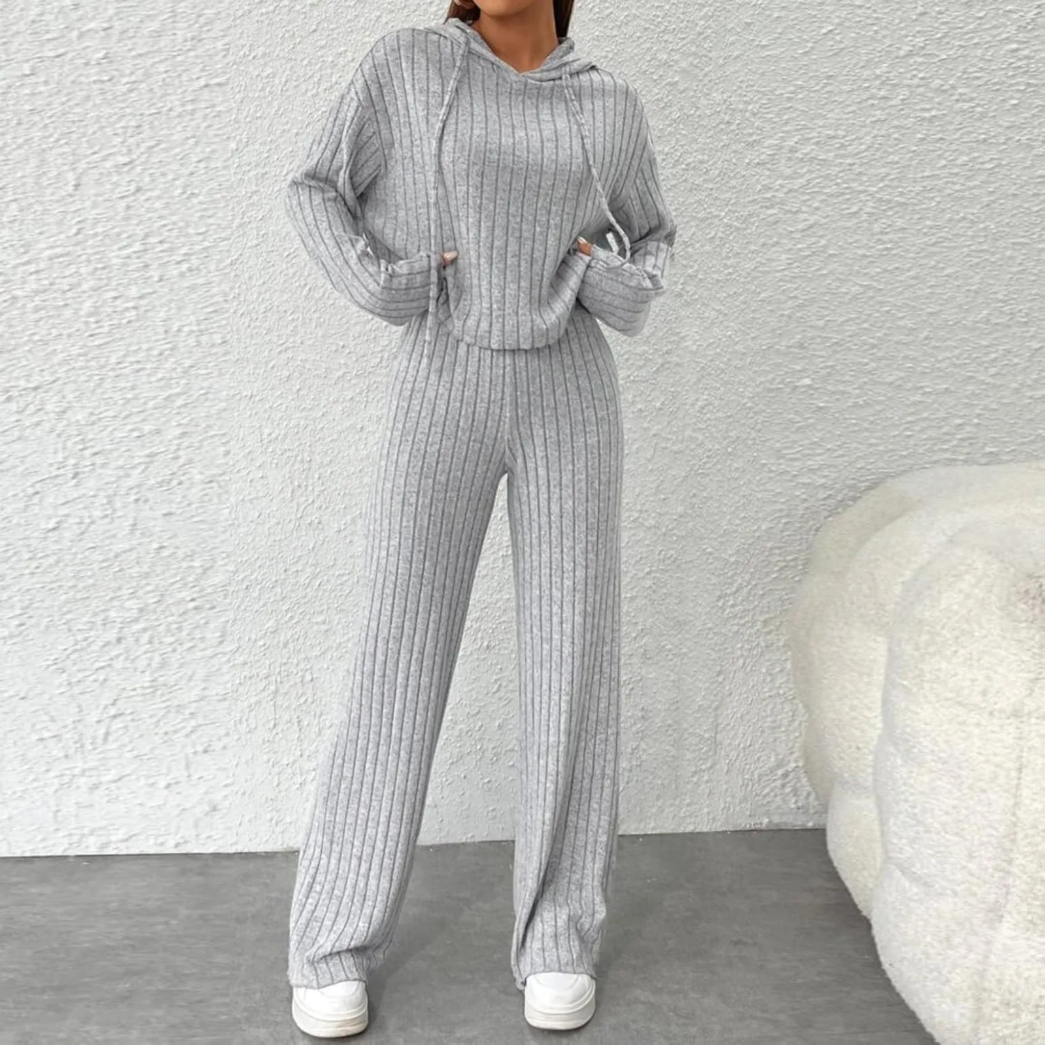 2 Piece Knit Outfits for Women 2024 Fall Long Sleeve Hoodie and High Elastic Waist Long Pants Solid Loungewear Sets