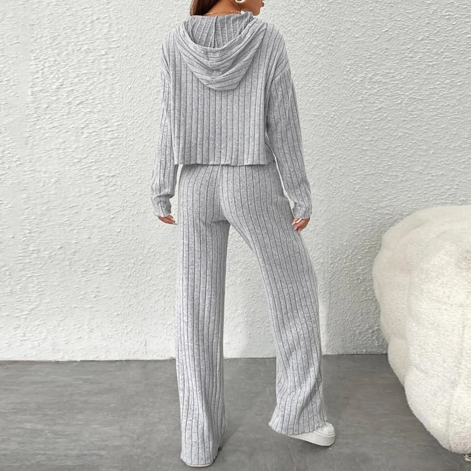2 Piece Knit Outfits for Women 2024 Fall Long Sleeve Hoodie and High Elastic Waist Long Pants Solid Loungewear Sets