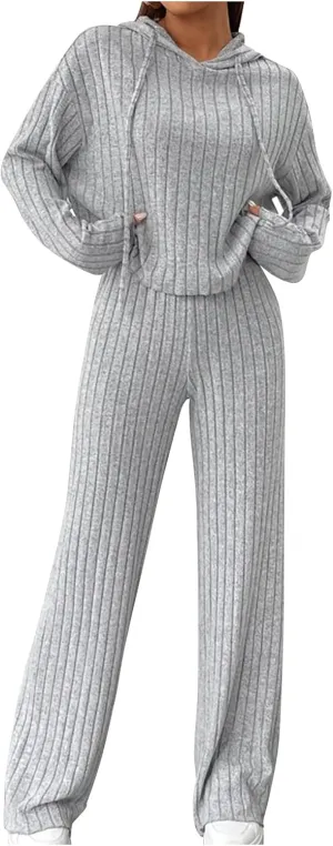 2 Piece Knit Outfits for Women 2024 Fall Long Sleeve Hoodie and High Elastic Waist Long Pants Solid Loungewear Sets
