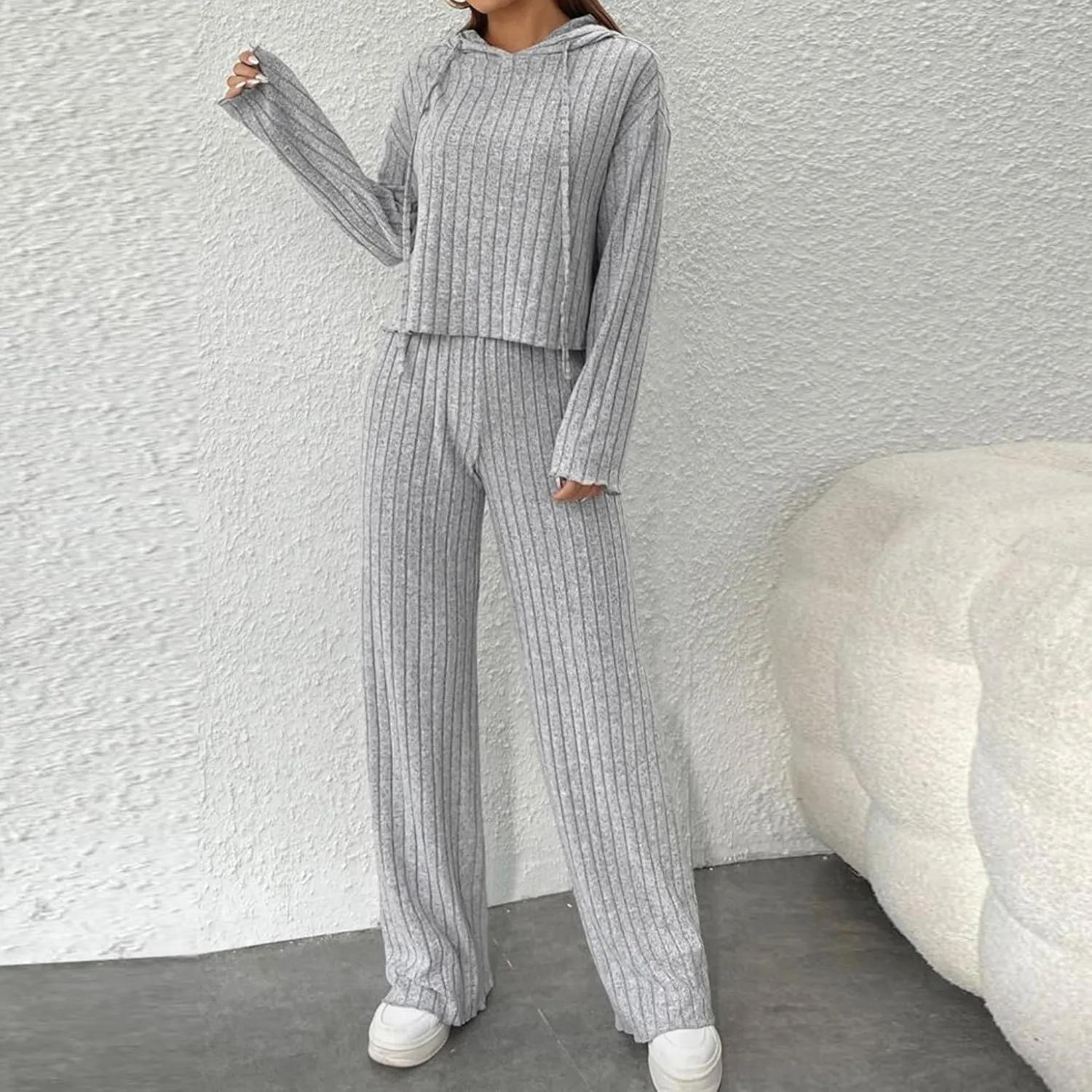 2 Piece Knit Outfits for Women 2024 Fall Long Sleeve Hoodie and High Elastic Waist Long Pants Solid Loungewear Sets