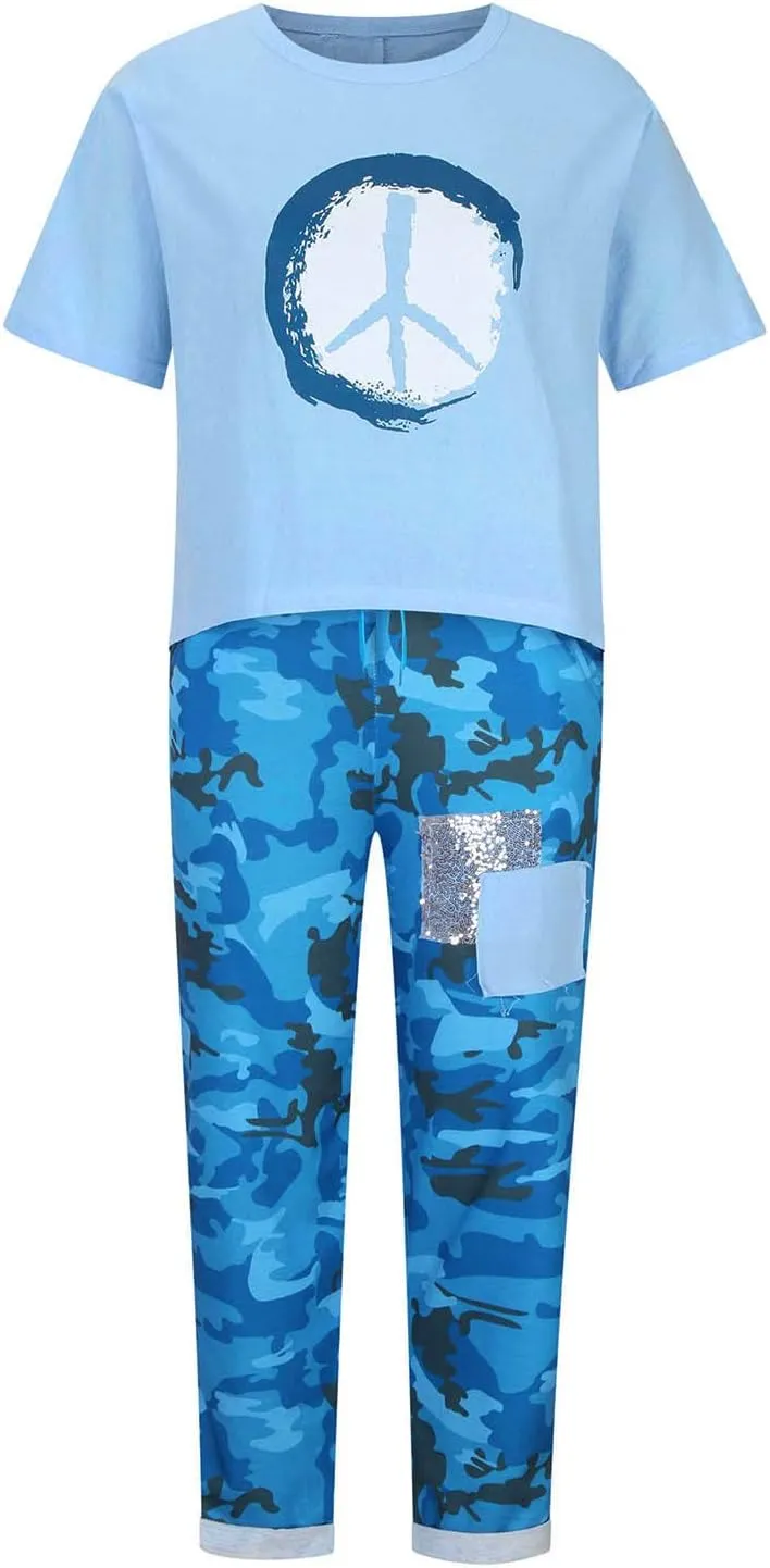 2 Piece Linen Set for Women Summer Outfits Plus Size Short Sleeve Graphic Tees Camo Pants Lounge Matching Sets