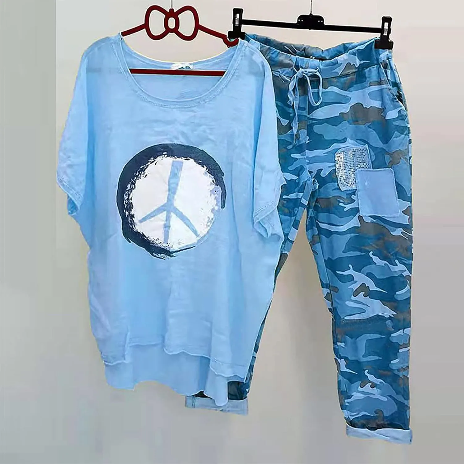 2 Piece Linen Set for Women Summer Outfits Plus Size Short Sleeve Graphic Tees Camo Pants Lounge Matching Sets