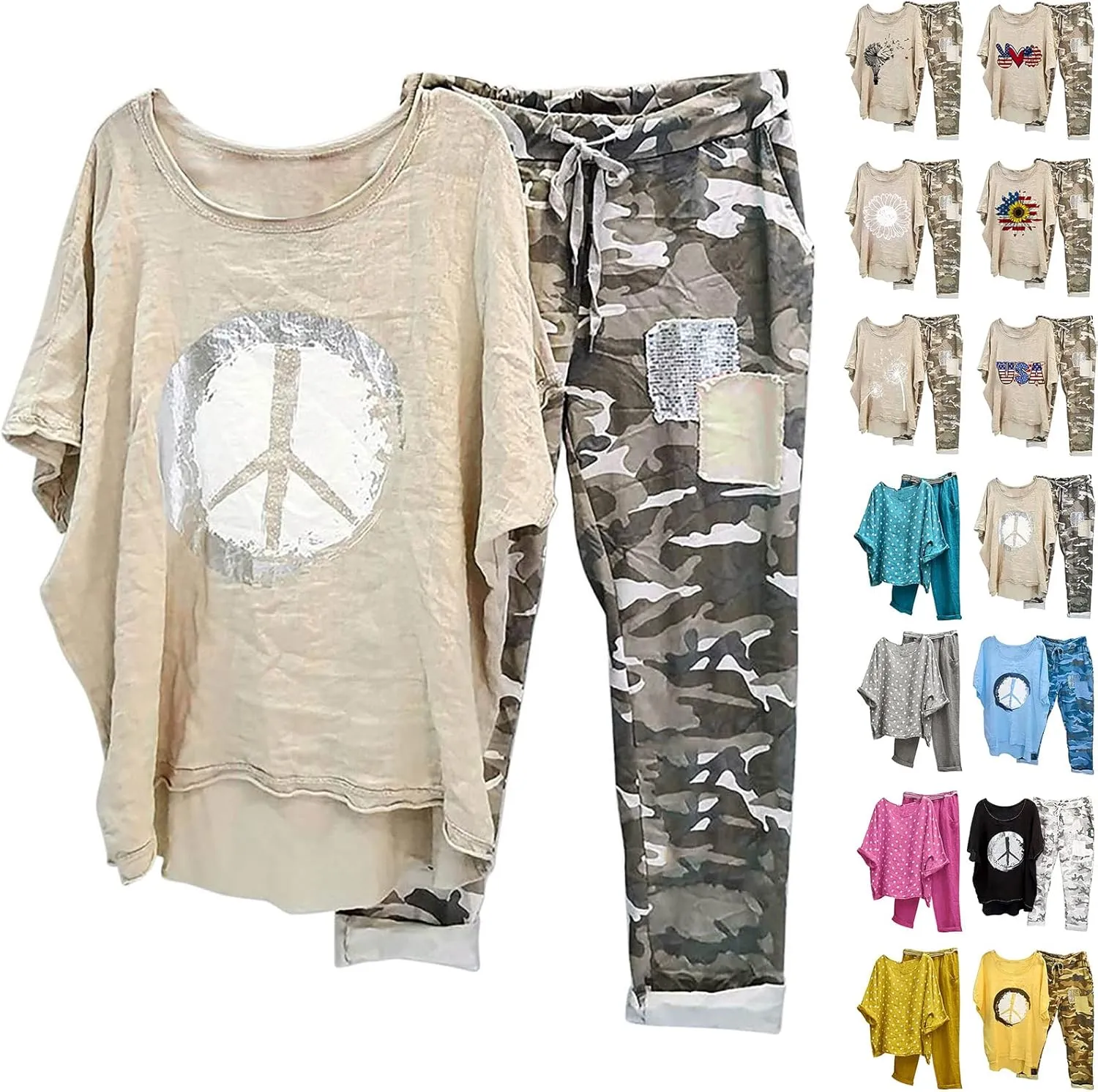 2 Piece Linen Set for Women Summer Outfits Plus Size Short Sleeve Graphic Tees Camo Pants Lounge Matching Sets