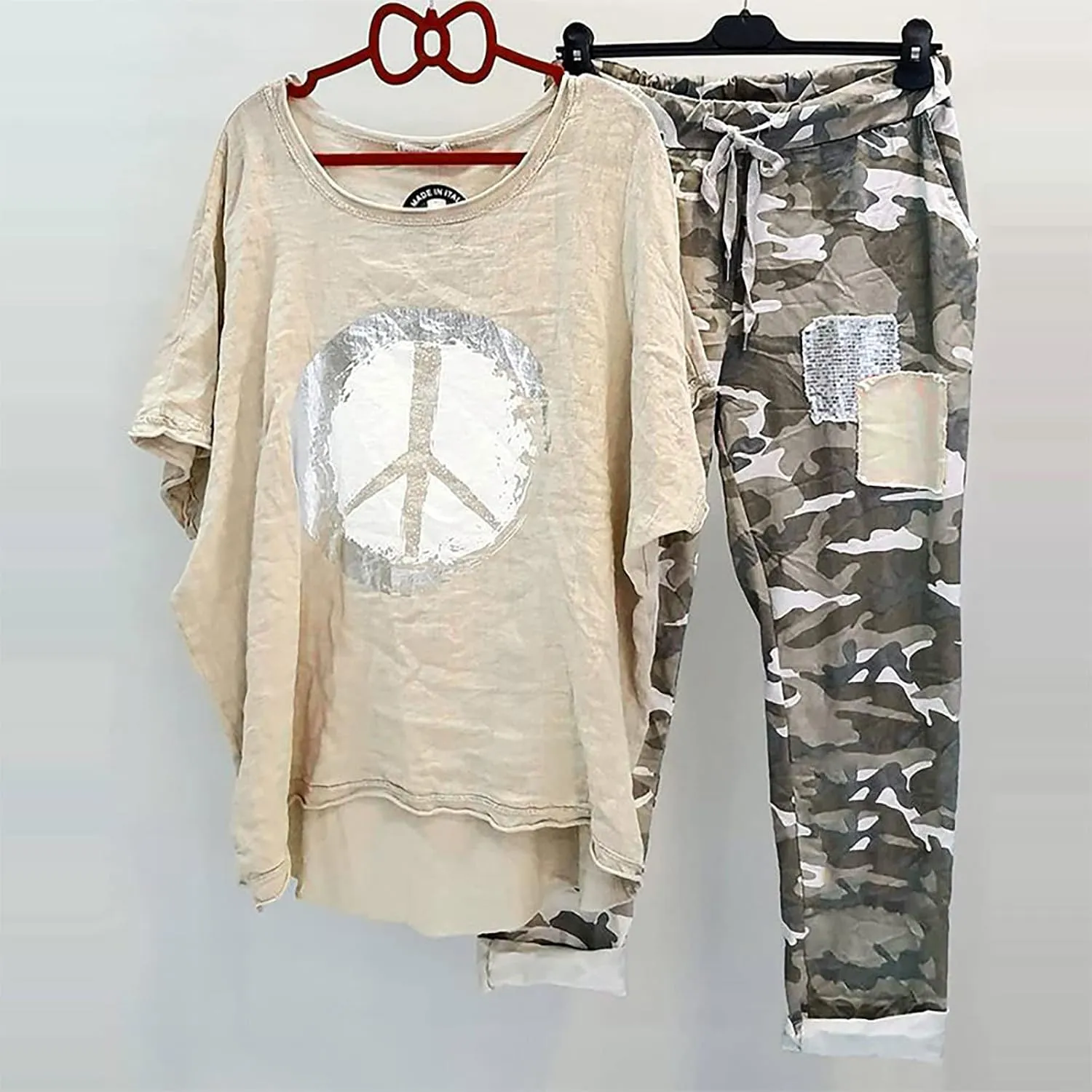 2 Piece Linen Set for Women Summer Outfits Plus Size Short Sleeve Graphic Tees Camo Pants Lounge Matching Sets