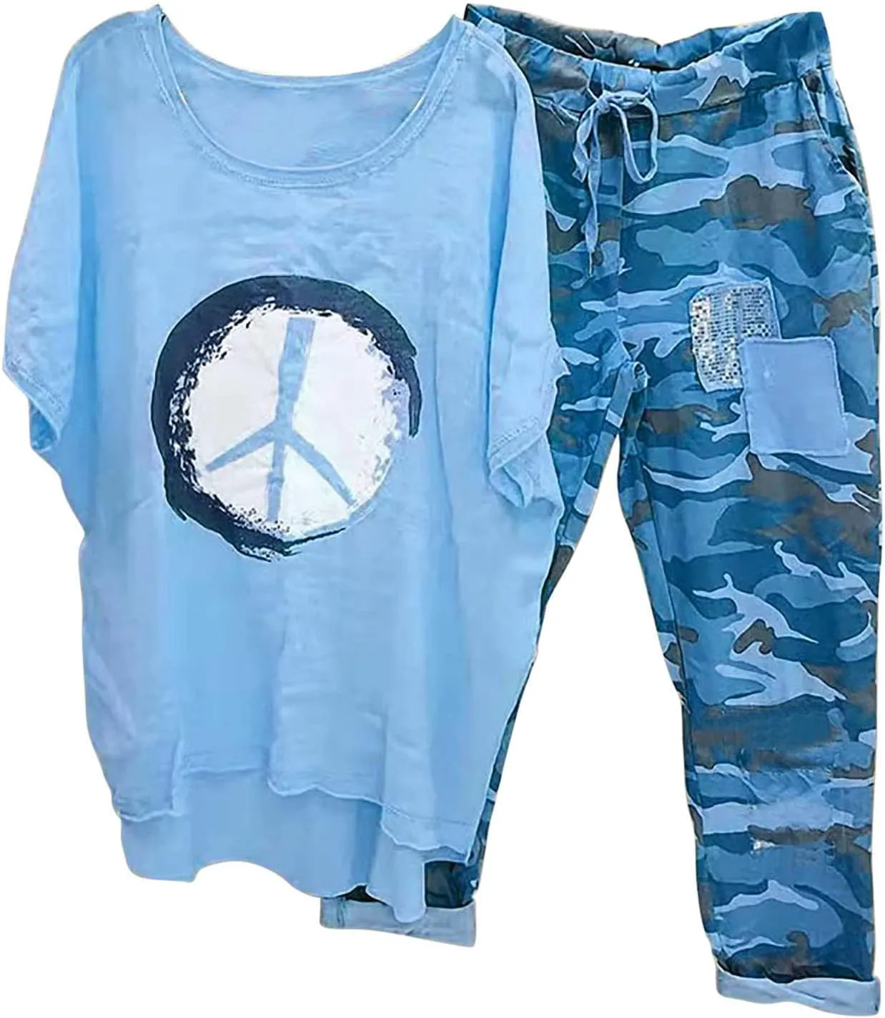 2 Piece Linen Set for Women Summer Outfits Plus Size Short Sleeve Graphic Tees Camo Pants Lounge Matching Sets