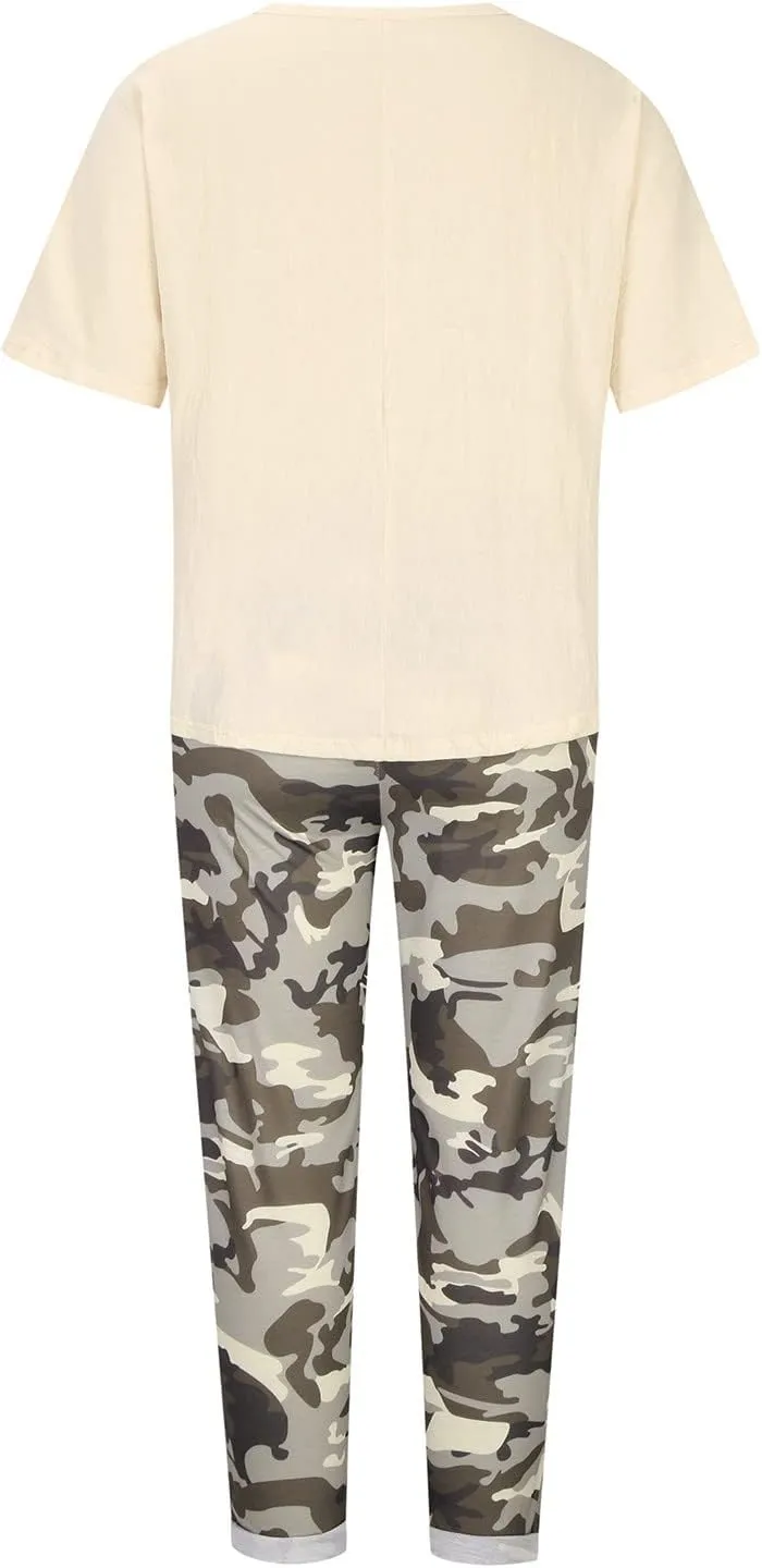 2 Piece Linen Set for Women Summer Outfits Plus Size Short Sleeve Graphic Tees Camo Pants Lounge Matching Sets