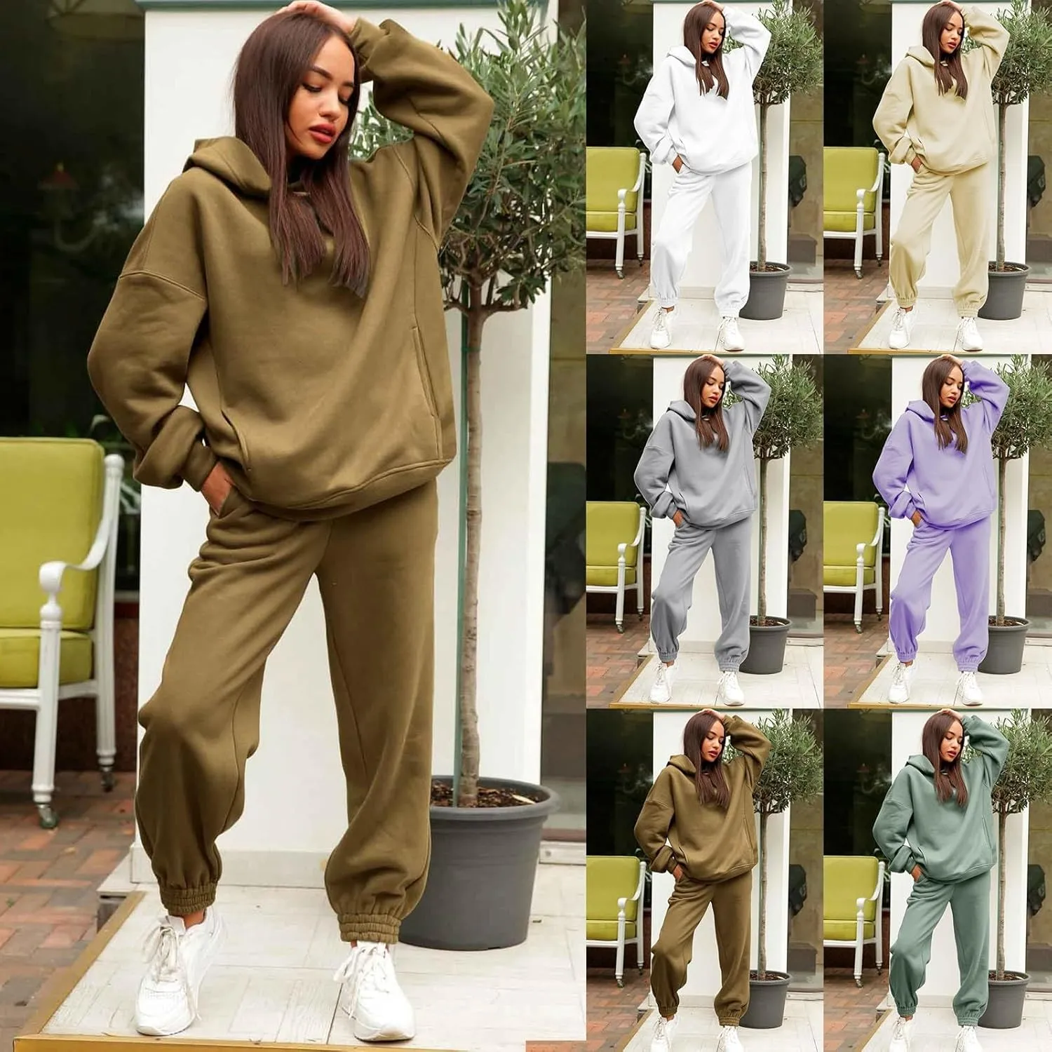 2 Piece Outfits for Women, Womens Sweatshirts Oversized Long Sleeve Hoodie Pullover Tracksuit Jogger Sweatsuits with Pockets