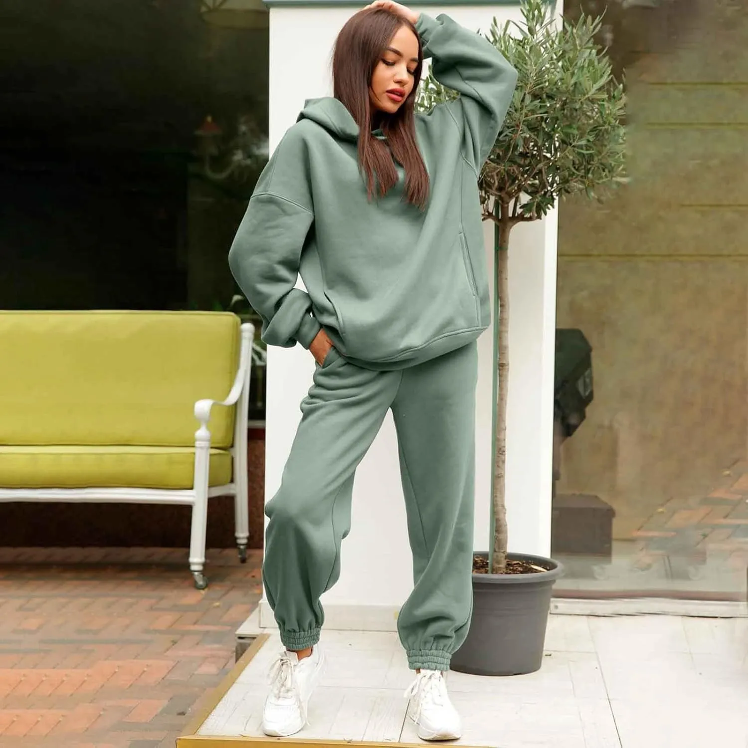 2 Piece Outfits for Women, Womens Sweatshirts Oversized Long Sleeve Hoodie Pullover Tracksuit Jogger Sweatsuits with Pockets
