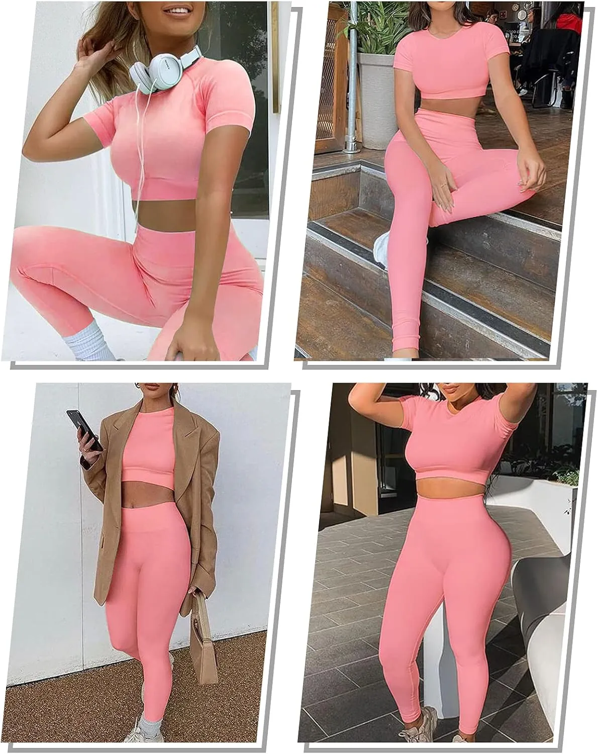 2 Piece Short Sleeve Outfits for Women Seamless Crop Tops Set for Women Workout Set