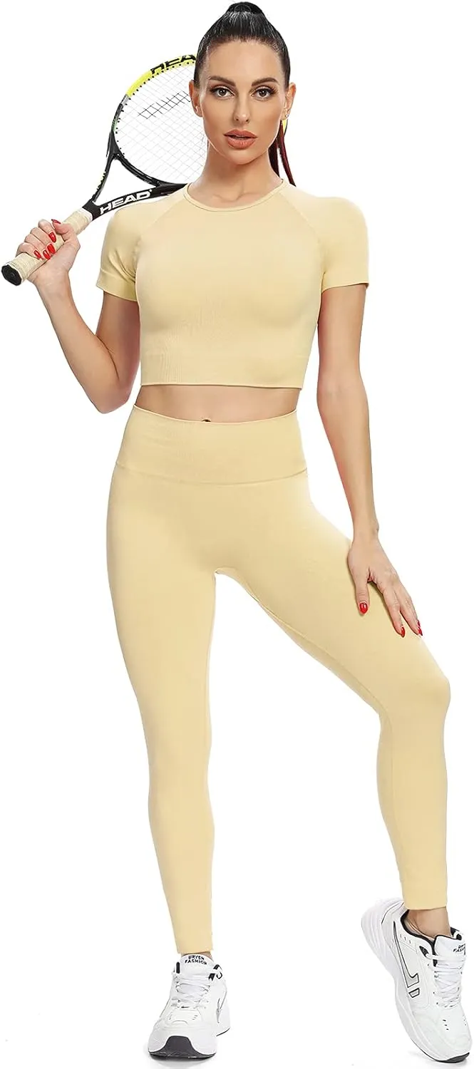 2 Piece Short Sleeve Outfits for Women Seamless Crop Tops Set for Women Workout Set
