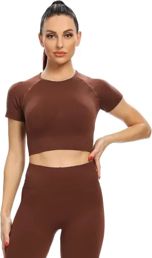 2 Piece Short Sleeve Outfits for Women Seamless Crop Tops Set for Women Workout Set