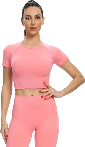 2 Piece Short Sleeve Outfits for Women Seamless Crop Tops Set for Women Workout Set
