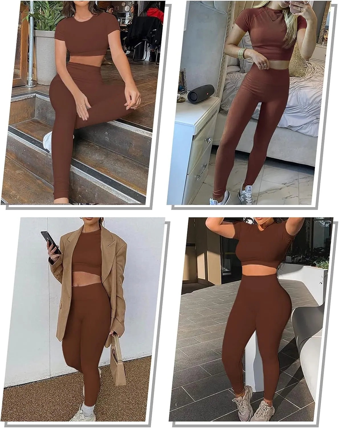 2 Piece Short Sleeve Outfits for Women Seamless Crop Tops Set for Women Workout Set