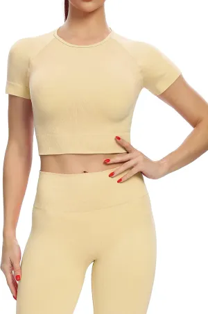2 Piece Short Sleeve Outfits for Women Seamless Crop Tops Set for Women Workout Set