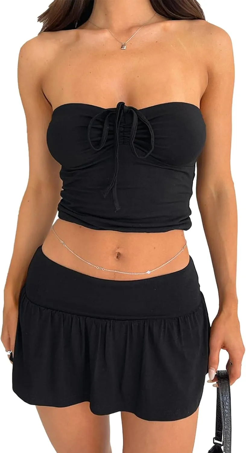 2 Piece Skirt Outfits for Women Y2k Summer Bandeau Going Out Crop Tops and Low Wasit Mini Skorts Sets