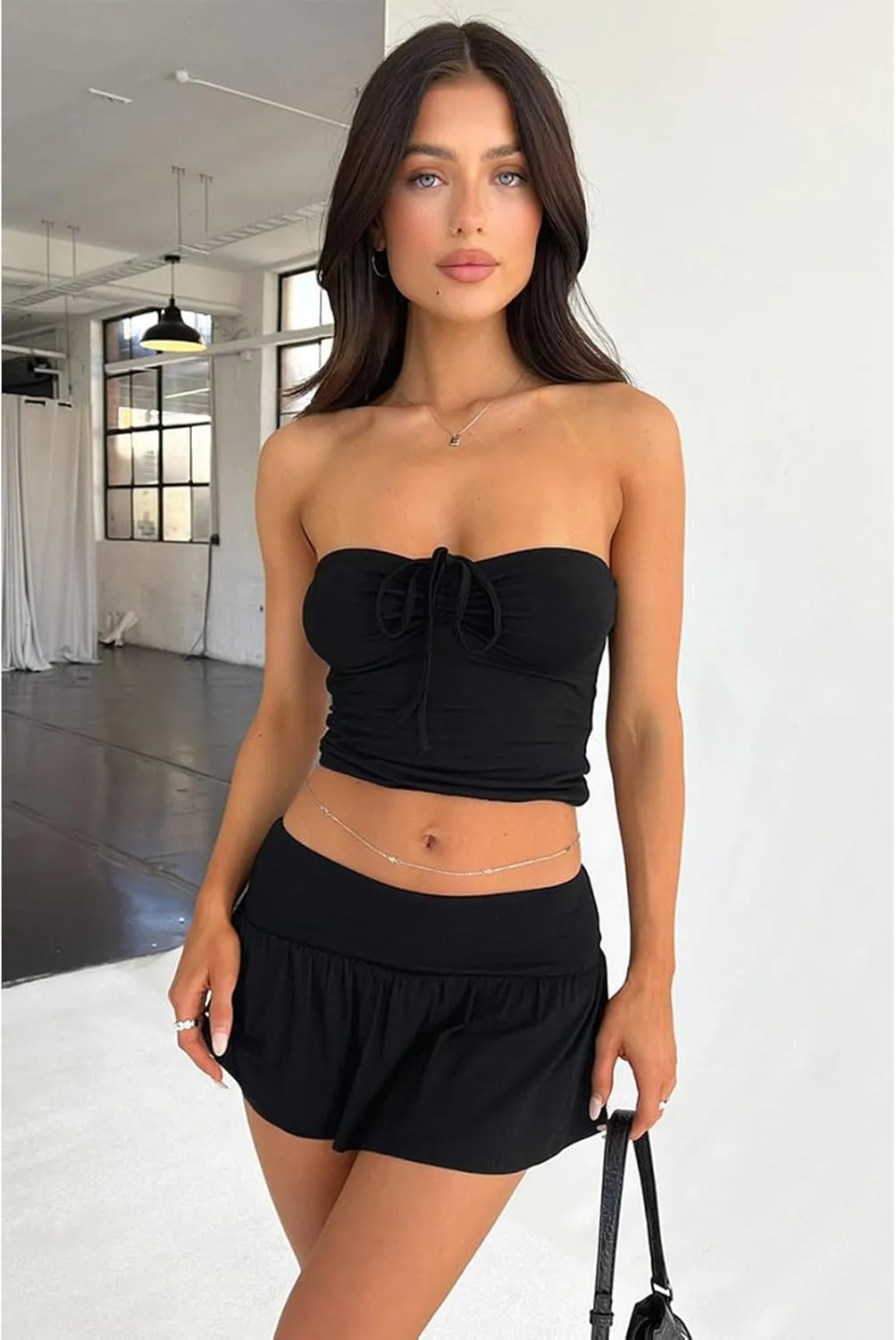 2 Piece Skirt Outfits for Women Y2k Summer Bandeau Going Out Crop Tops and Low Wasit Mini Skorts Sets