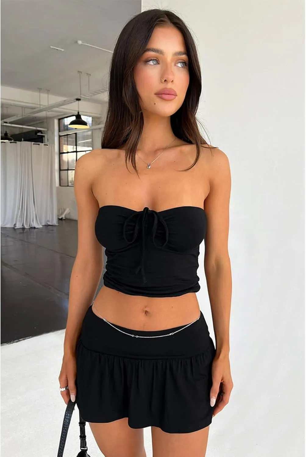 2 Piece Skirt Outfits for Women Y2k Summer Bandeau Going Out Crop Tops and Low Wasit Mini Skorts Sets