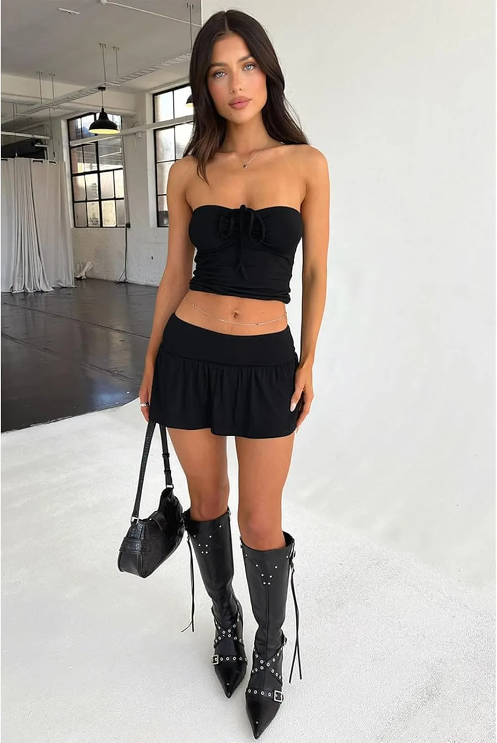 2 Piece Skirt Outfits for Women Y2k Summer Bandeau Going Out Crop Tops and Low Wasit Mini Skorts Sets