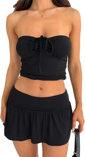 2 Piece Skirt Outfits for Women Y2k Summer Bandeau Going Out Crop Tops and Low Wasit Mini Skorts Sets