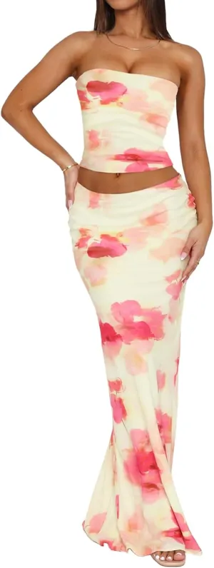 2 Piece Skirt Sets for Women Summer, Floral Sleeveless Tube Top Bodycon Maxi Skirts Y2k Vacation Going Out Outfits