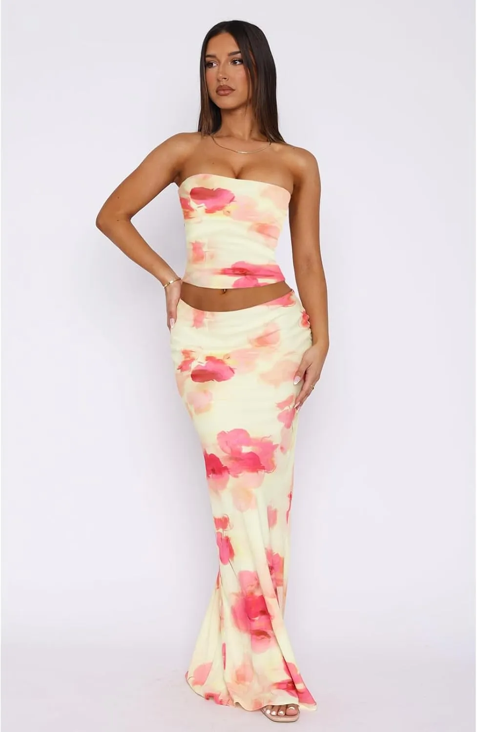 2 Piece Skirt Sets for Women Summer, Floral Sleeveless Tube Top Bodycon Maxi Skirts Y2k Vacation Going Out Outfits