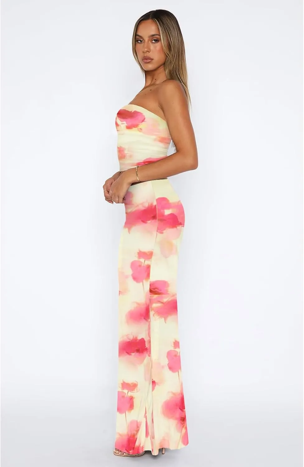 2 Piece Skirt Sets for Women Summer, Floral Sleeveless Tube Top Bodycon Maxi Skirts Y2k Vacation Going Out Outfits