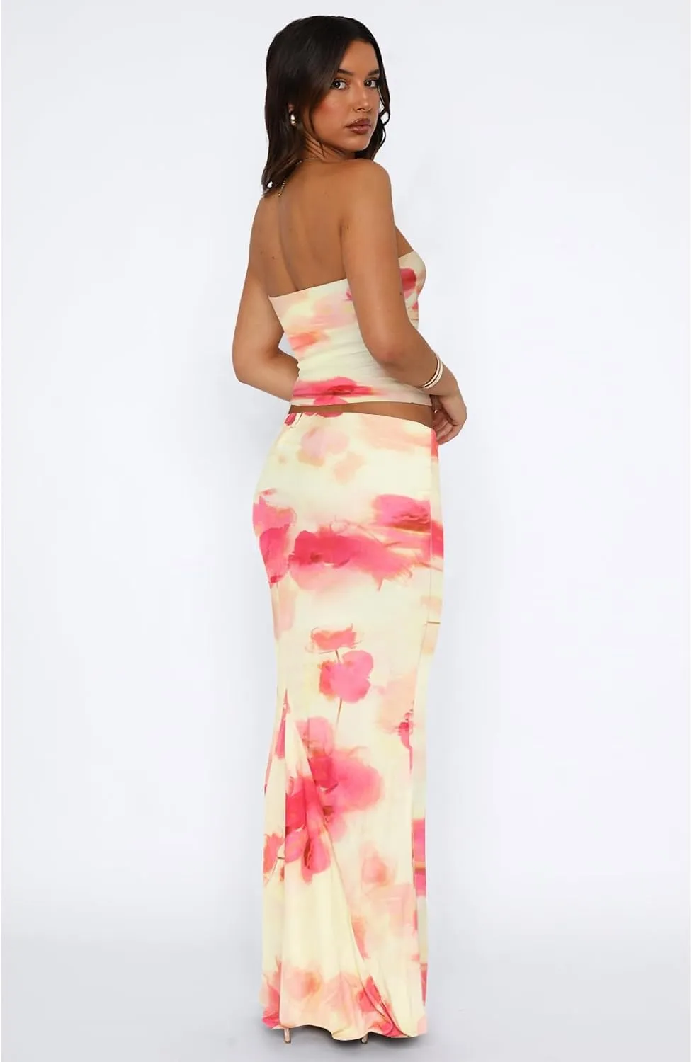 2 Piece Skirt Sets for Women Summer, Floral Sleeveless Tube Top Bodycon Maxi Skirts Y2k Vacation Going Out Outfits