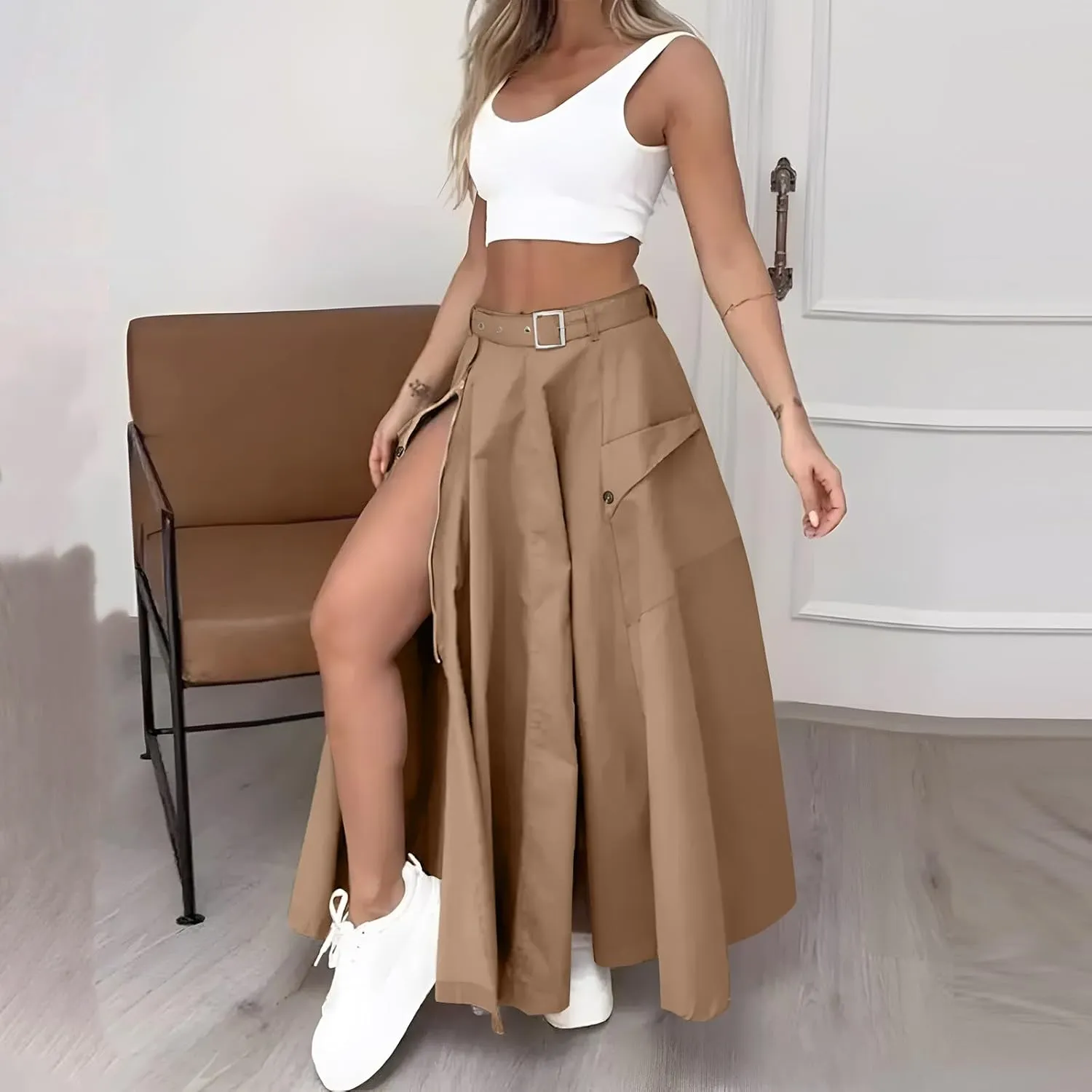 2 Piece Skirt Sets For Women Trendy Solid High Slit Skirt And Crop Tank Top Summer Outfits High Waist Maxi Skirt Sets