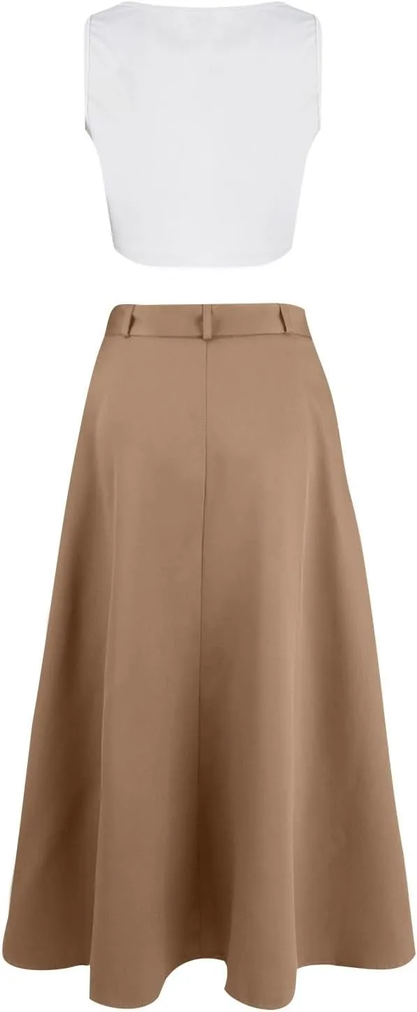 2 Piece Skirt Sets For Women Trendy Solid High Slit Skirt And Crop Tank Top Summer Outfits High Waist Maxi Skirt Sets