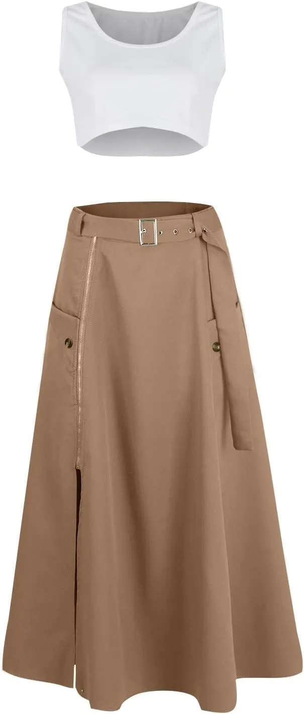 2 Piece Skirt Sets For Women Trendy Solid High Slit Skirt And Crop Tank Top Summer Outfits High Waist Maxi Skirt Sets