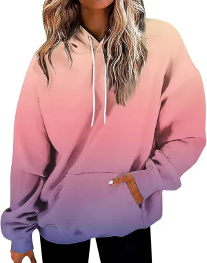 2024 Hoodies for Women Y2K Gradient Print Oversized Sweatshirt Casual Drawstring Hooded Pullover with Pocket