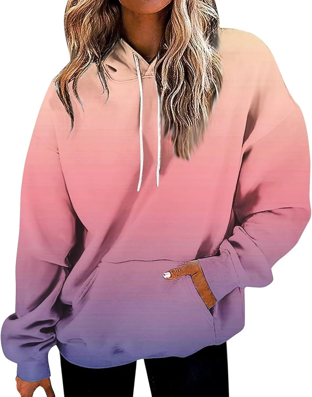 2024 Hoodies for Women Y2K Gradient Print Oversized Sweatshirt Casual Drawstring Hooded Pullover with Pocket