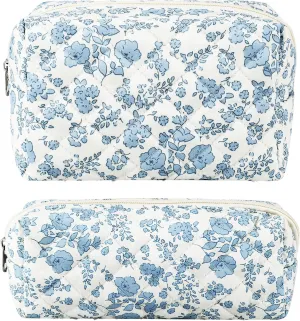 2Pcs Floral Makeup Bag for Women Cotton Quilted Small Coquette Cosmetic Bag Cute Zipper Blue Flower Makeup Pouch Aesthetic Portable Pencil Case Travel Toiletry Bag Trendy Cloth Skincare Bag