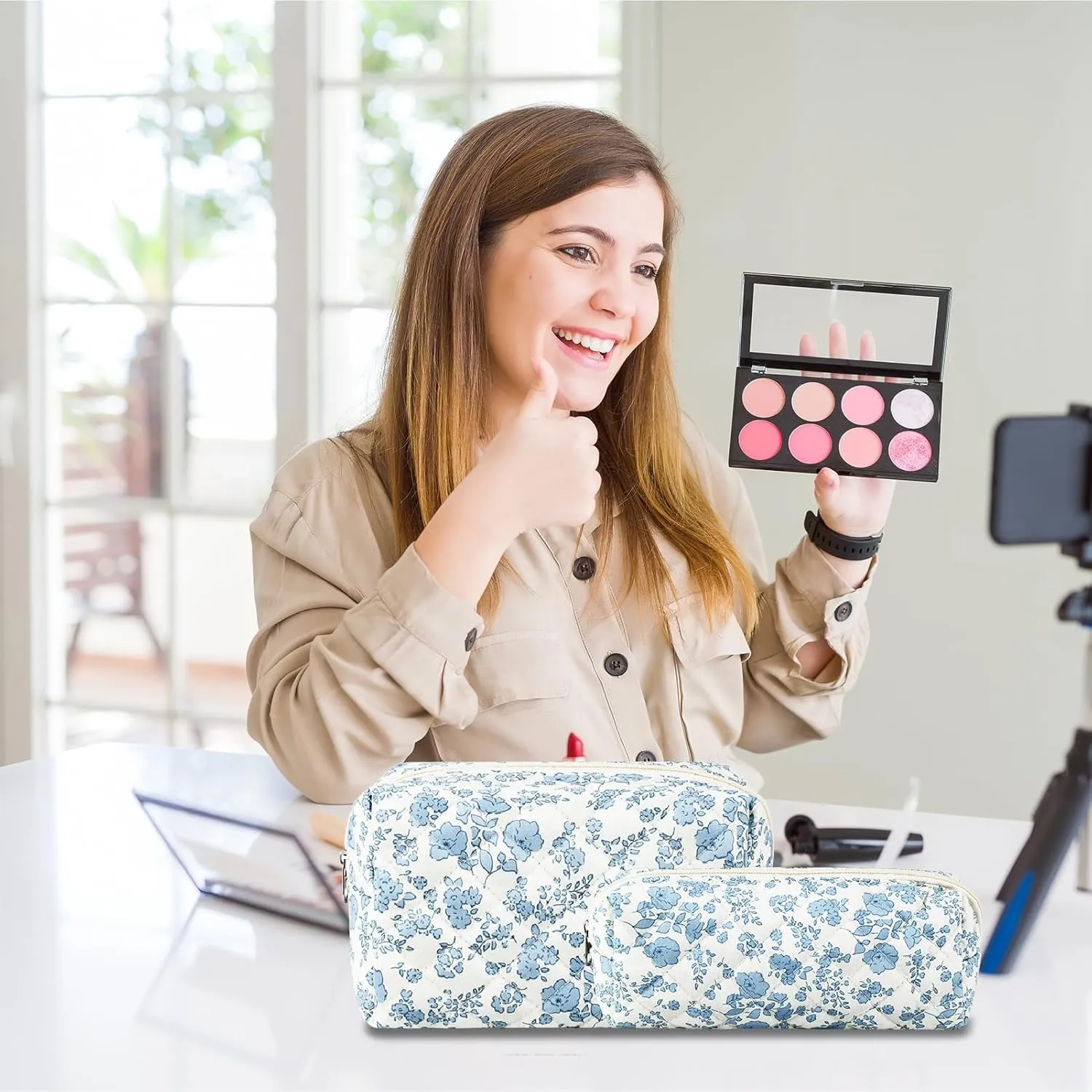 2Pcs Floral Makeup Bag for Women Cotton Quilted Small Coquette Cosmetic Bag Cute Zipper Blue Flower Makeup Pouch Aesthetic Portable Pencil Case Travel Toiletry Bag Trendy Cloth Skincare Bag