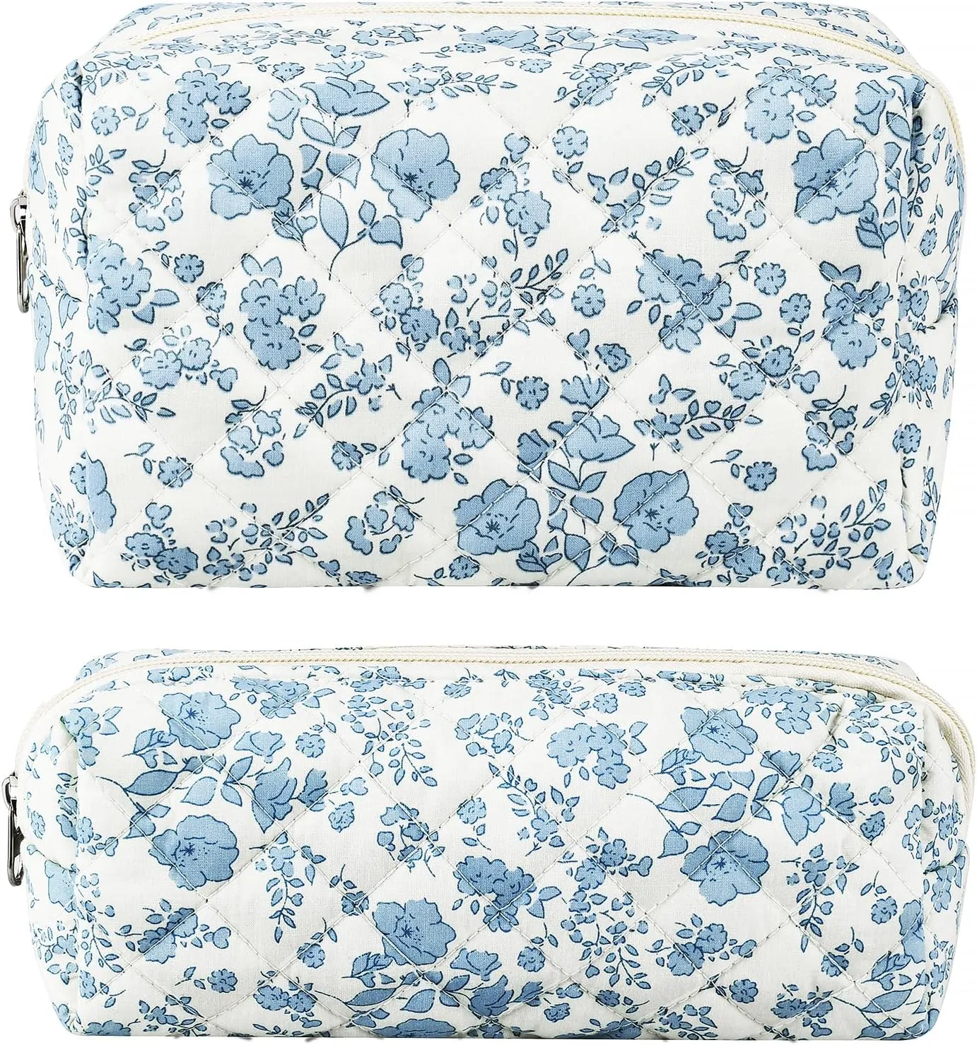 2Pcs Floral Makeup Bag for Women Cotton Quilted Small Coquette Cosmetic Bag Cute Zipper Blue Flower Makeup Pouch Aesthetic Portable Pencil Case Travel Toiletry Bag Trendy Cloth Skincare Bag